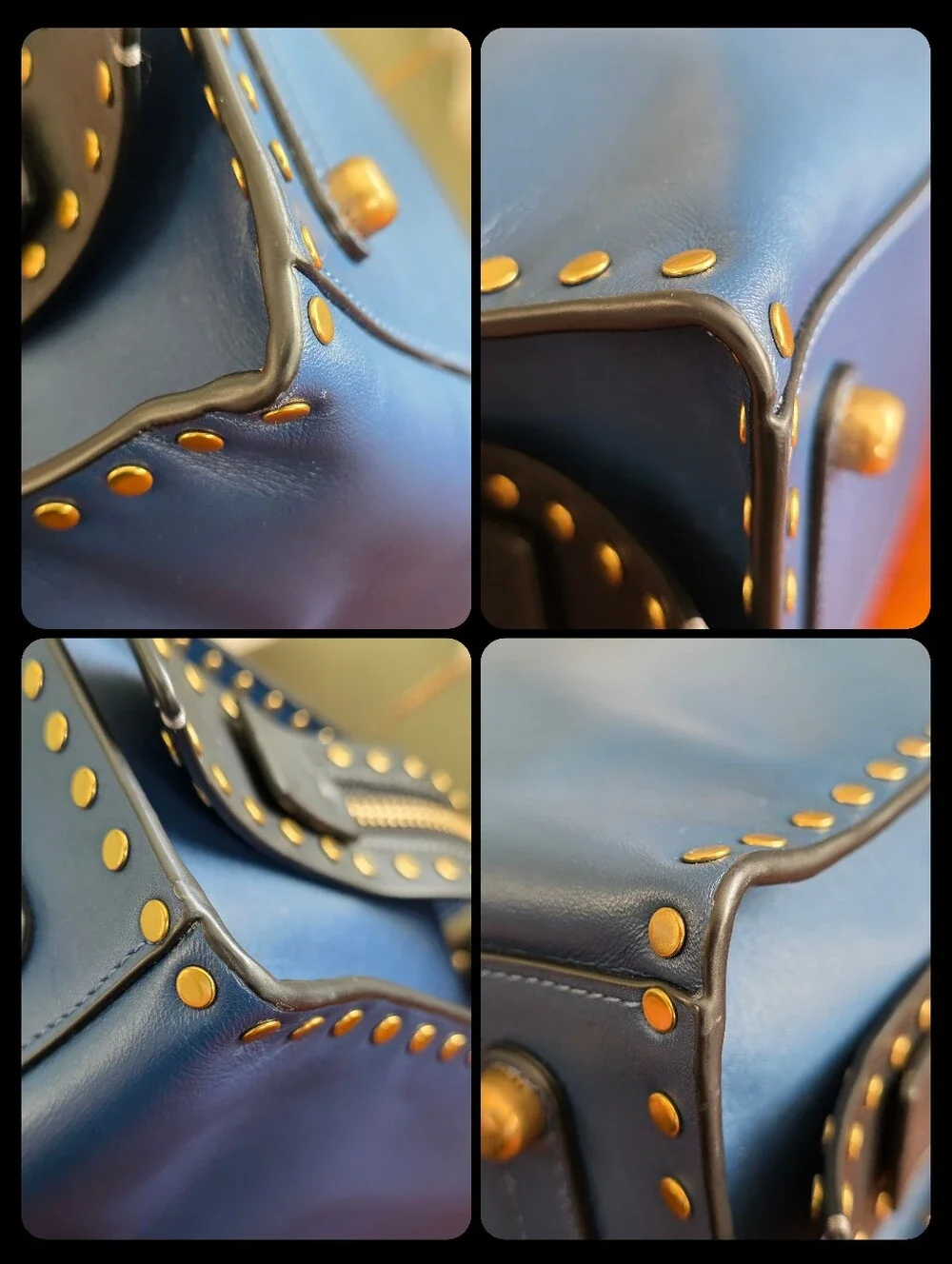 Coach CC381 Rogue 30 True Blue Colorblock Border Rivets Leather Satchel Bag